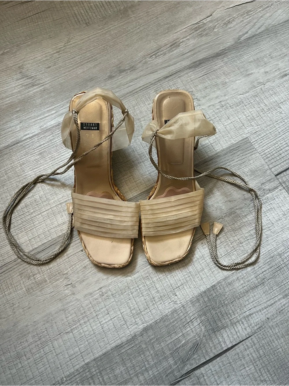 STUART WEITZMAN Cream Espadrille Wedge Sandals with Wrap Ankle Tie Tulle Size 9 - Picture 3 of 14